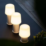 Drie verlichte Ambience tafellampen met metalen voet en warme witte kap op een donker tafelblad naast een groene plant