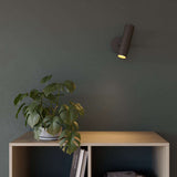 Donkerbruine wandlamp van sackit aan een donkere muur boven een houten kast met groene kamerplant en warm gericht licht voor een sfeervol interieur