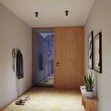 Moderne hal met twee zwarte plafondlampen van sackit boven een houten vloer met planten wandkunst en een garderobe in een warm Deens interieur