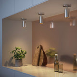 Drie cilindervormige plafondlampen in zilverkleur boven een keukenblad met houten snijplanken glazen flessen en een groene plant in een modern interieur van sackit