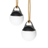 Twee draadloze hanglampen met witte ronde lichtbollen en zwarte bovenkant aan stevige touwen voor sfeervolle verlichting binnen of buiten
