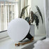 Witte ronde lamp van sackit met zwarte voet en decoratief touw op een vensterbank naast een groene plant in een sfeervol interieur