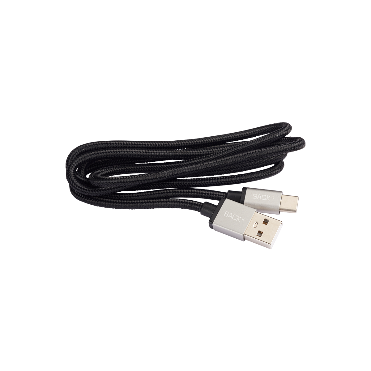 Zwarte gevlochten USB C oplaadkabel met USB stekker en USB C aansluiting van sackit voor het opladen van CHARGEit apparaten