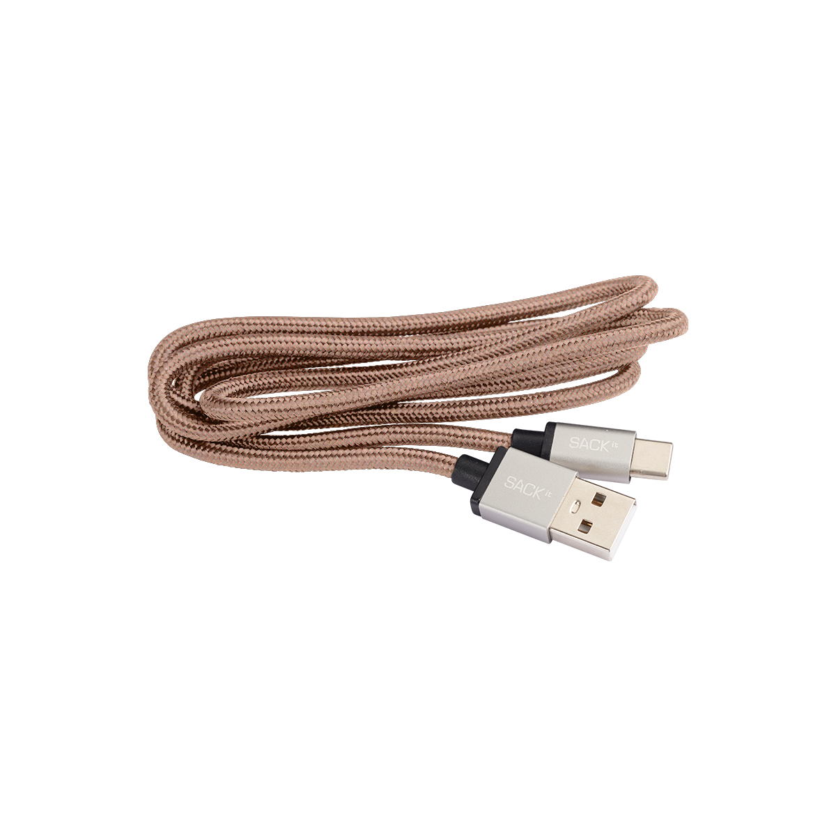 Bruine gevlochten USB C laadkabel van sackit met USB aansluiting en USB C stekker voor het opladen van een CHARGEit apparaat
