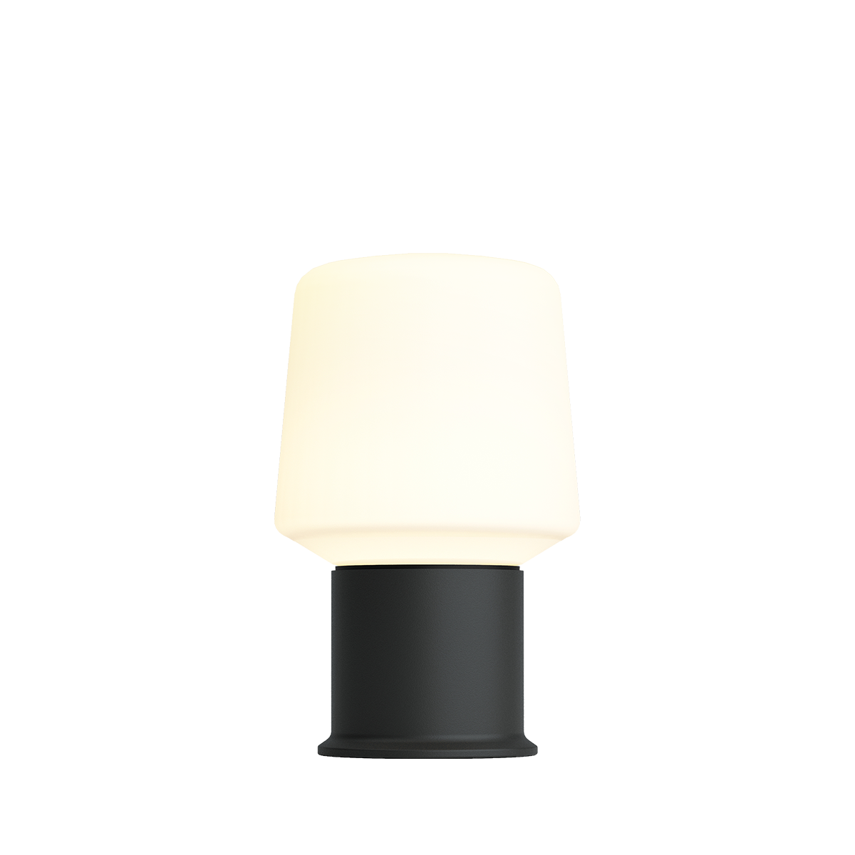 Draadloze tafellamp van sackit met een zachte crèmekleurige lampenkap en zwarte voet voor sfeervolle verlichting binnen en buiten
