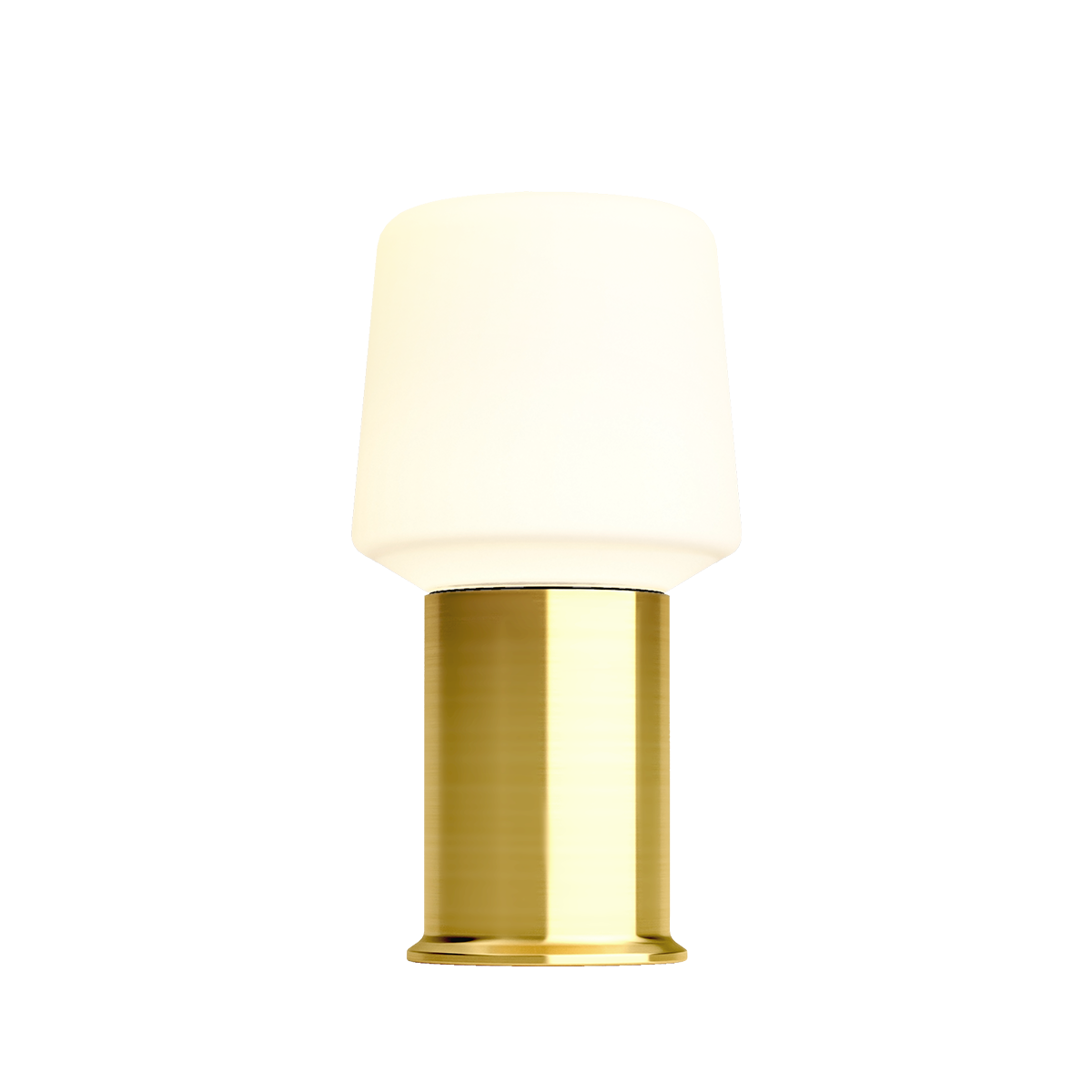 Draadloze tafellamp van sackit met warme gouden voet en witte lampenkap voor sfeervolle verlichting binnen en buitenklassiek Deens ontwerp