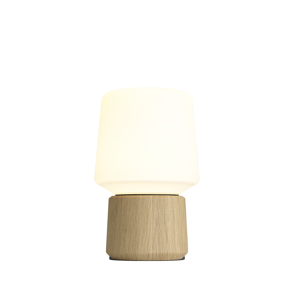 Draadloze tafellamp met zachte witte lampenkap en houten voet van sackit voor sfeervolle binnenverlichting in een modern interieur
