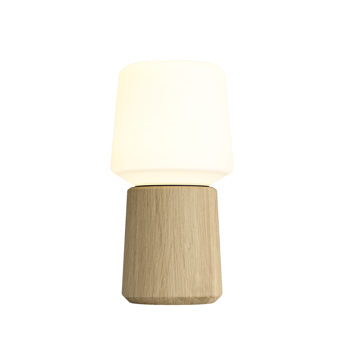 Draadloze tafellamp van sackit met een zachte crèmekleurige kap en een warme houten Oslo voet voor sfeervolle verlichting binnenshuis