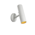 Witte cilindrische wandlamp met verstelbare arm en warme gele lichtopening op zwarte achtergrond van sackit voor sfeervolle en gerichte binnenverlichting