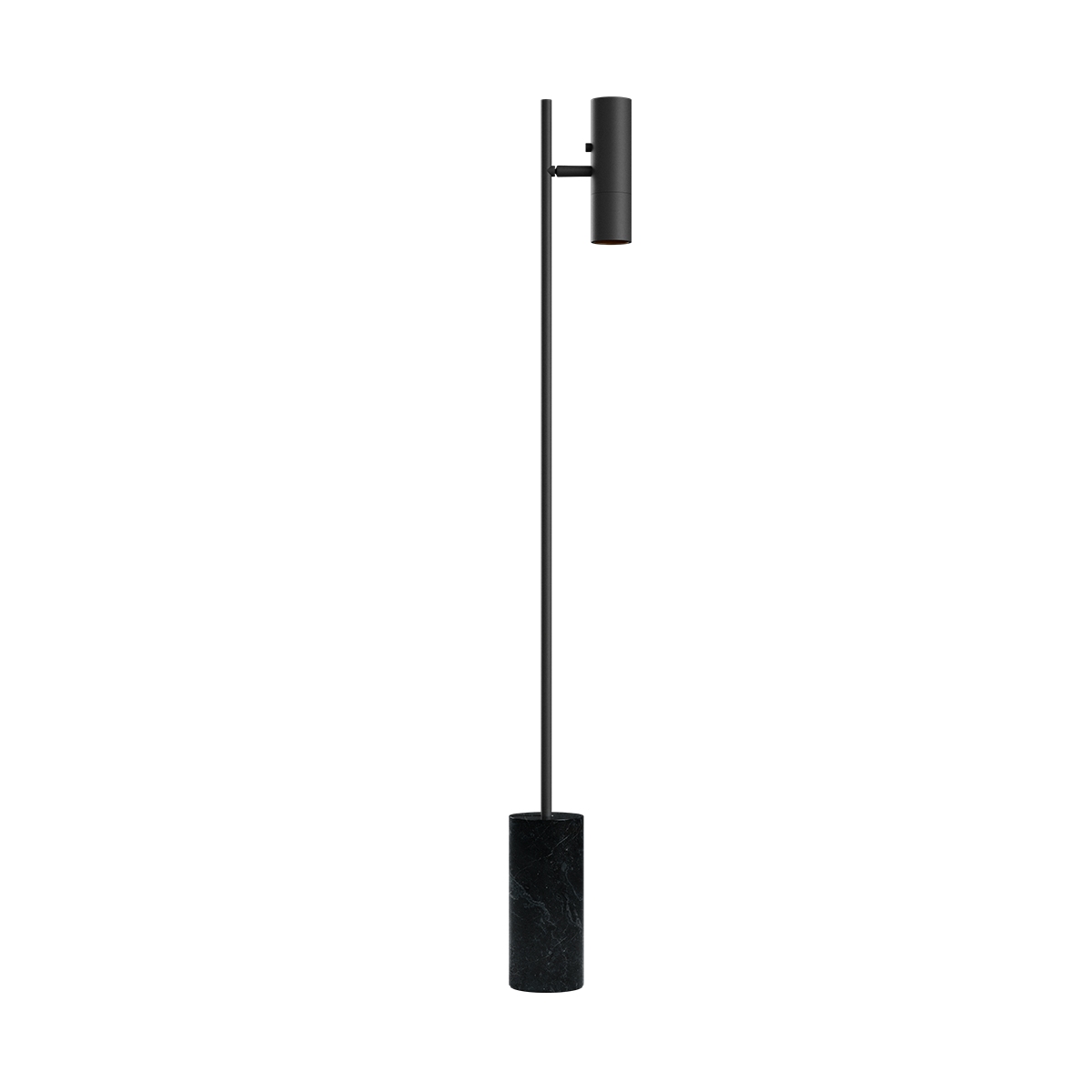 Zwarte vloerlamp van sackit met een slank aluminium frame een cilindrische lampenkap en een massieve marmeren voet voor stabiele sfeerverlichting binnen