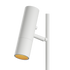 Witte cilindrische vloerlamp van sackit met verstelbare lampenkap en warme goudkleurige binnenzijde op een slanke staander voor modern interieur