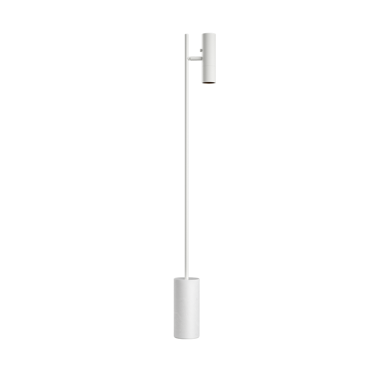 Minimalistische witte vloerlamp met slank aluminium frame en cilindrische lampenkap voor een modern en rustig interieurontwerp van sackit