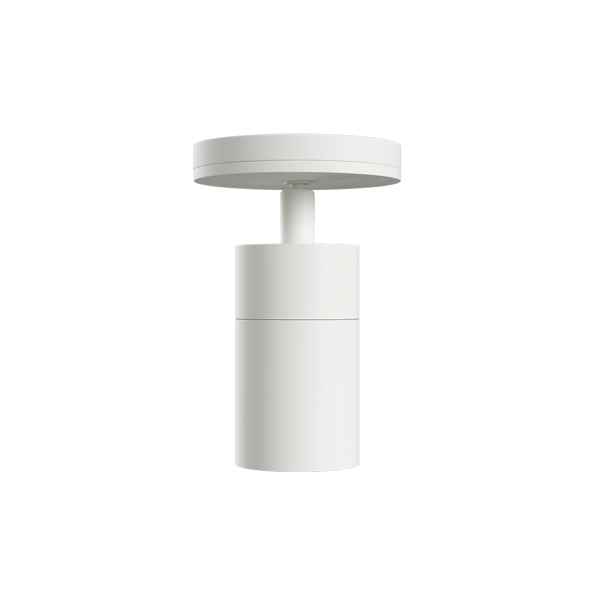Witte cilindrische plafondlamp van sackit met minimalistisch Deens ontwerp en ronde plafondbevestiging op een zwarte achtergrond