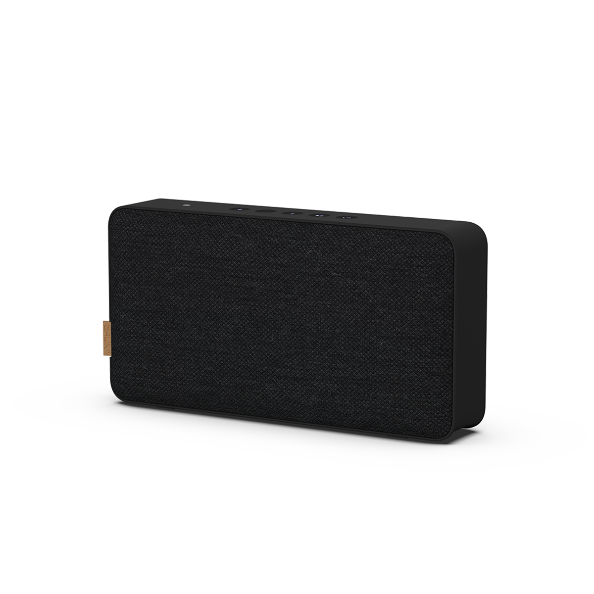 Zwarte draadloze bluetoothspeaker van sackit met een strak Deens ontwerp en afgeronde hoeken voor krachtig geluid thuis of onderweg