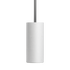 Minimalistische witte cilindrische lampenkap van de Expo vloerlamp met een slanke donkere steel op een zwarte achtergrond van sackit