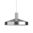 Zilverkleurige Dawn hanglamp van sackit met brede metalen kap en geperforeerd patroon aan de bovenzijde tegen een zwarte achtergrond