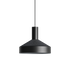 Zwarte Dawn hanglamp van sackit met brede metalen kap en geperforeerd patroon voor gericht licht in een modern interieur
