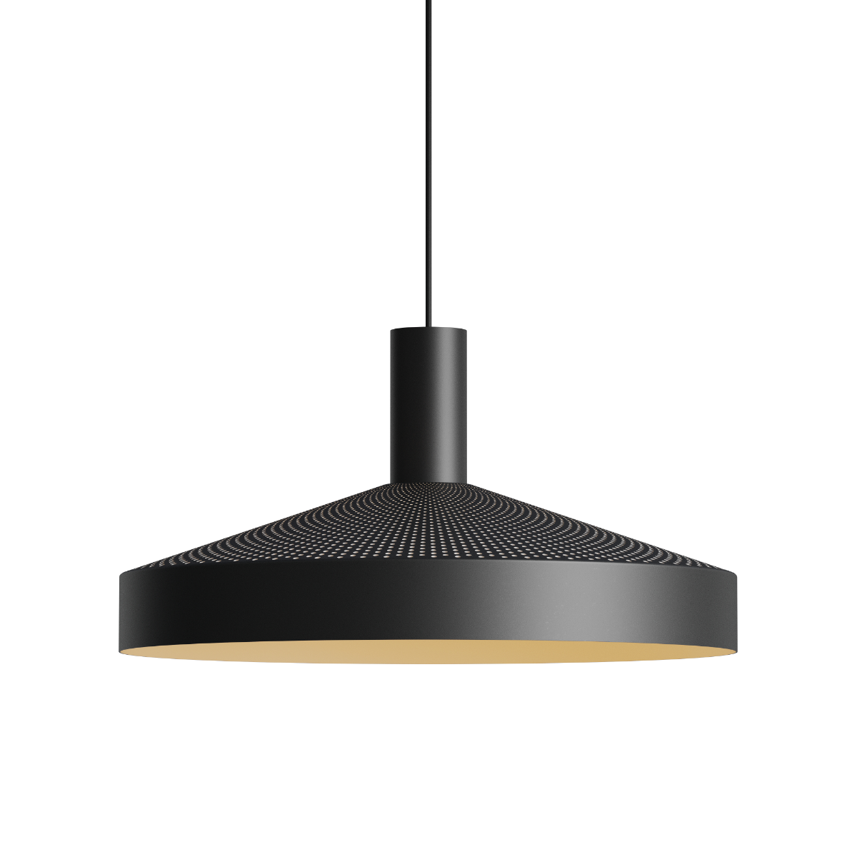 Moderne zwarte hanglamp met geperforeerde kap en warme houten onderzijde van sackit voor stijlvolle binnenverlichting