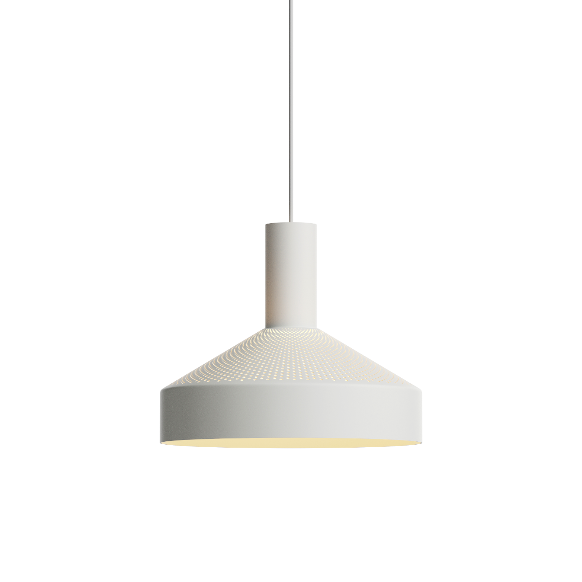 Witte hanglamp van sackit met een brede metalen kap en verfijnde perforaties aan de bovenzijde voor gericht licht en een warme uitstraling binnenshuis