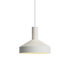 Witte hanglamp van sackit met een brede metalen kap en verfijnde perforaties aan de bovenzijde voor gericht licht en een warme uitstraling binnenshuis