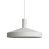 Witte hanglamp van sackit met brede metalen kap en geperforeerde bovenzijde voor gericht licht in een modern interieur