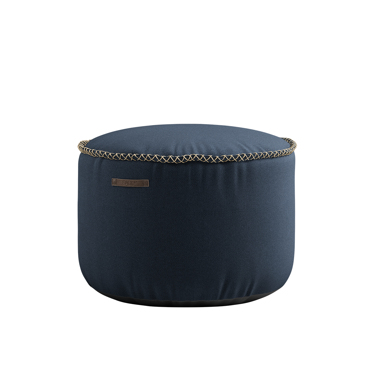 Donkerblauwe ronde Cura poef van sackit met zachte stof en decoratief goudkleurig stiksel langs de rand