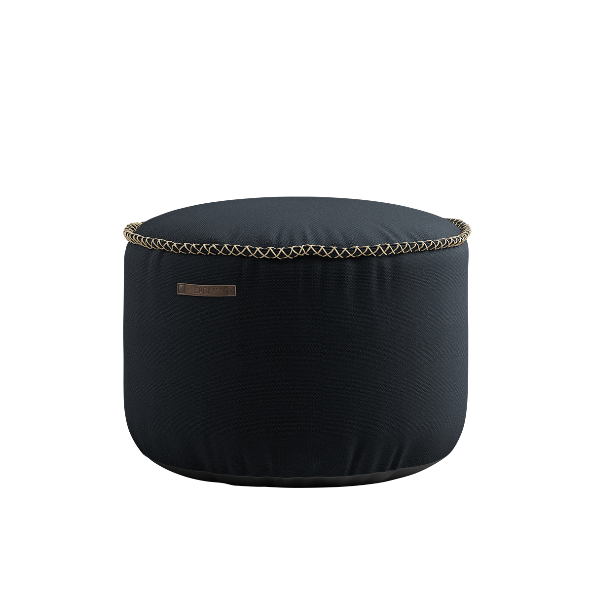 Zwarte ronde Cura poef van sackit met zachte bekleding en decoratieve goudkleurige stiknaden voor gebruik als voetenbankje binnenshuis