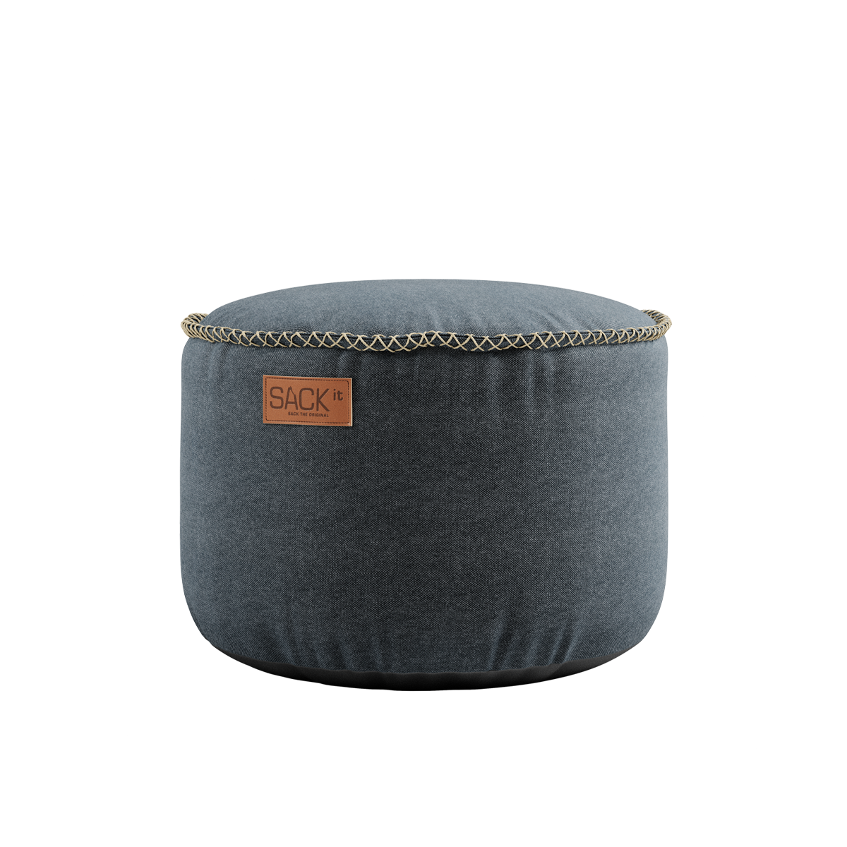 Ronde grijze canvas poef voor binnen met zachte bekleding en decoratief stiksel langs de rand van sackit ideaal als voetenbank of extra zitplaats