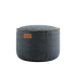 Ronde grijze canvas poef voor binnen met zachte bekleding en decoratief stiksel langs de rand van sackit ideaal als voetenbank of extra zitplaats