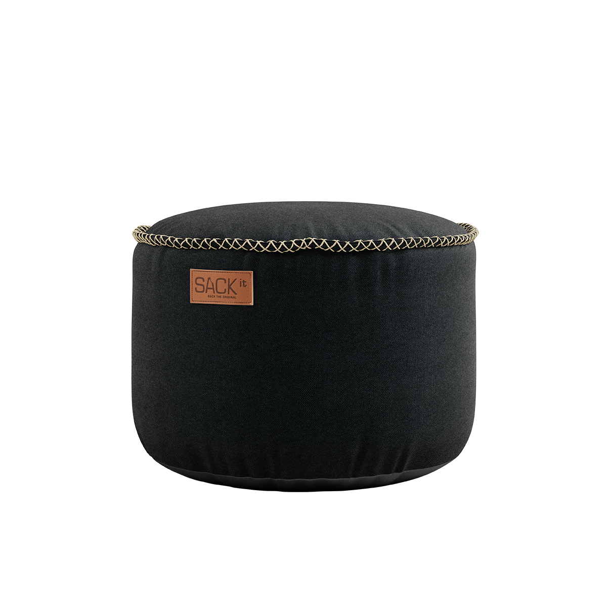 Zwarte ronde canvas poef van sackit voor comfortabel zitten en als voetensteun in een modern interieur