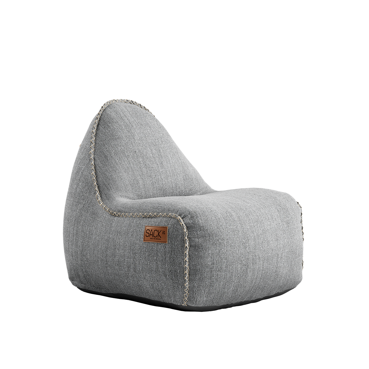 Grijze Cobana junior zitzakstoel van sackit voor kinderen met comfortabele rugsteun en waterafstotende bekleding voor binnen en buiten naast de loungestoel zitten
