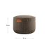 Bruine ronde outdoor poef van sackit met stevige stof en decoratief stiksel geschikt als voetensteun of extra zitplaats binnen en buiten