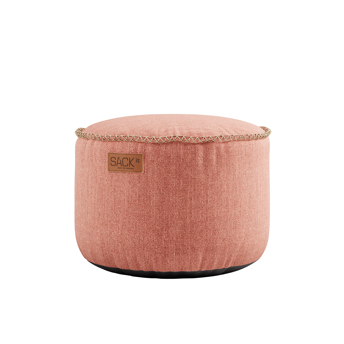 Roze ronde Cobana poef van sackit met zachte textuur en zwart onderstel voor comfortabel gebruik binnen en buiten