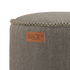 Detail van een taupekleurige Cobana pouf van sackit met geweven bekleding en decoratieve rand voor binnen en buiten