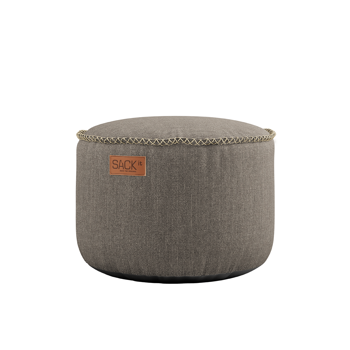 Ronde grijze outdoor poef van sackit met zachte bekleding en stevige afwerking als comfortabele voetensteun of extra zitplaats voor binnen en buiten