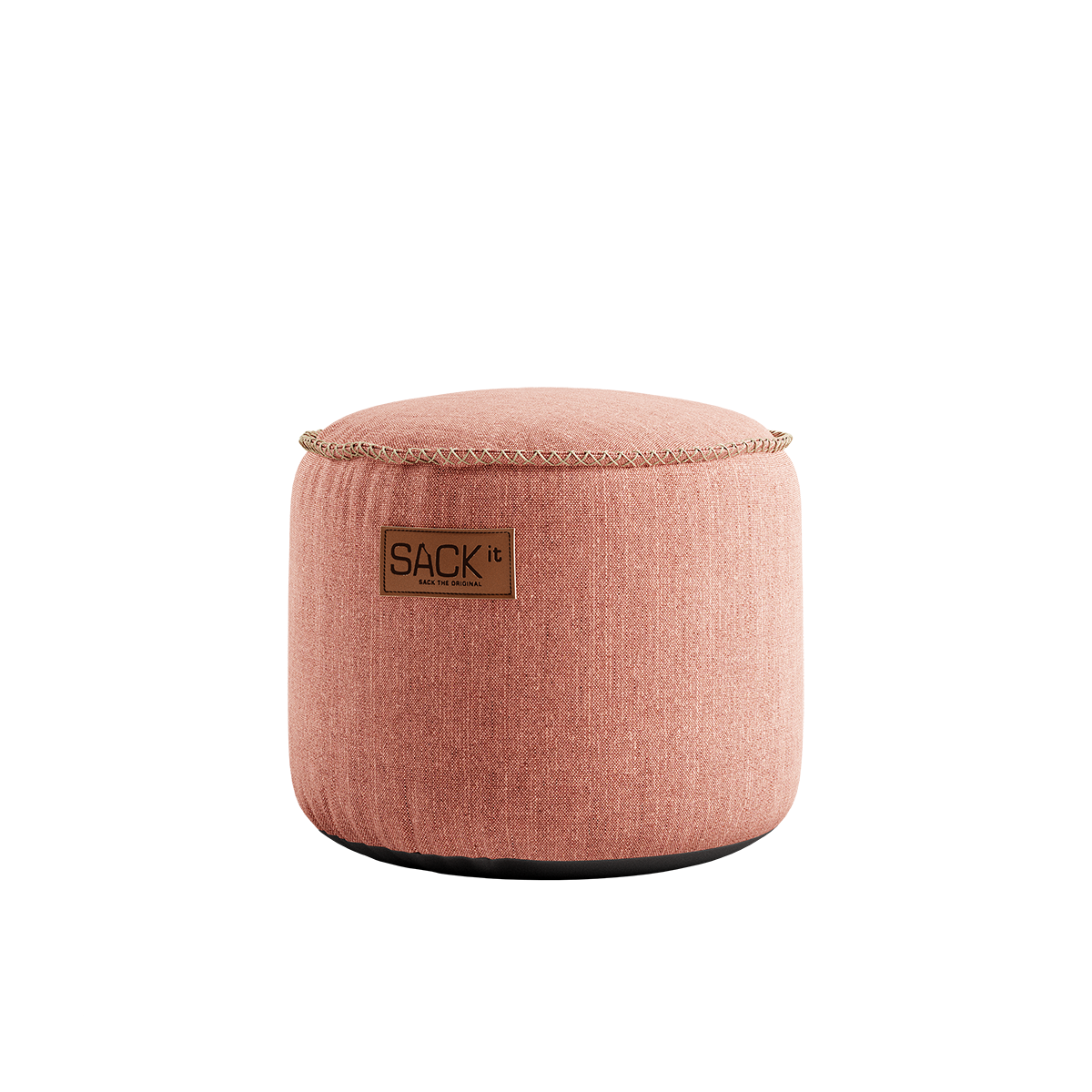 Roze ronde kinderpoef van sackit met zachte textielbekleding en afgeronde vorm voor comfortabel zitten binnen en buiten