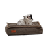 Kleine witte hond rust op een bruin hondenbed van sackit met stevige stiknaden en verhoogde randen voor comfortabel dagelijks gebruik