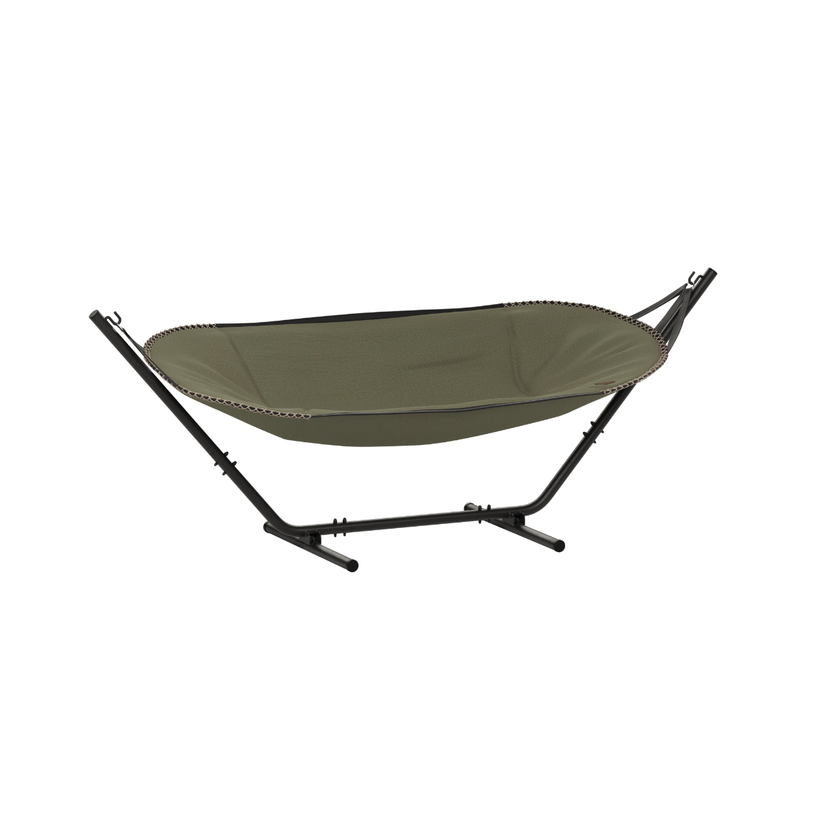 Olijfgroene buitenhangmat op een zwart metalen standaard voor ontspannen ligcomfort in de tuin of op het terras