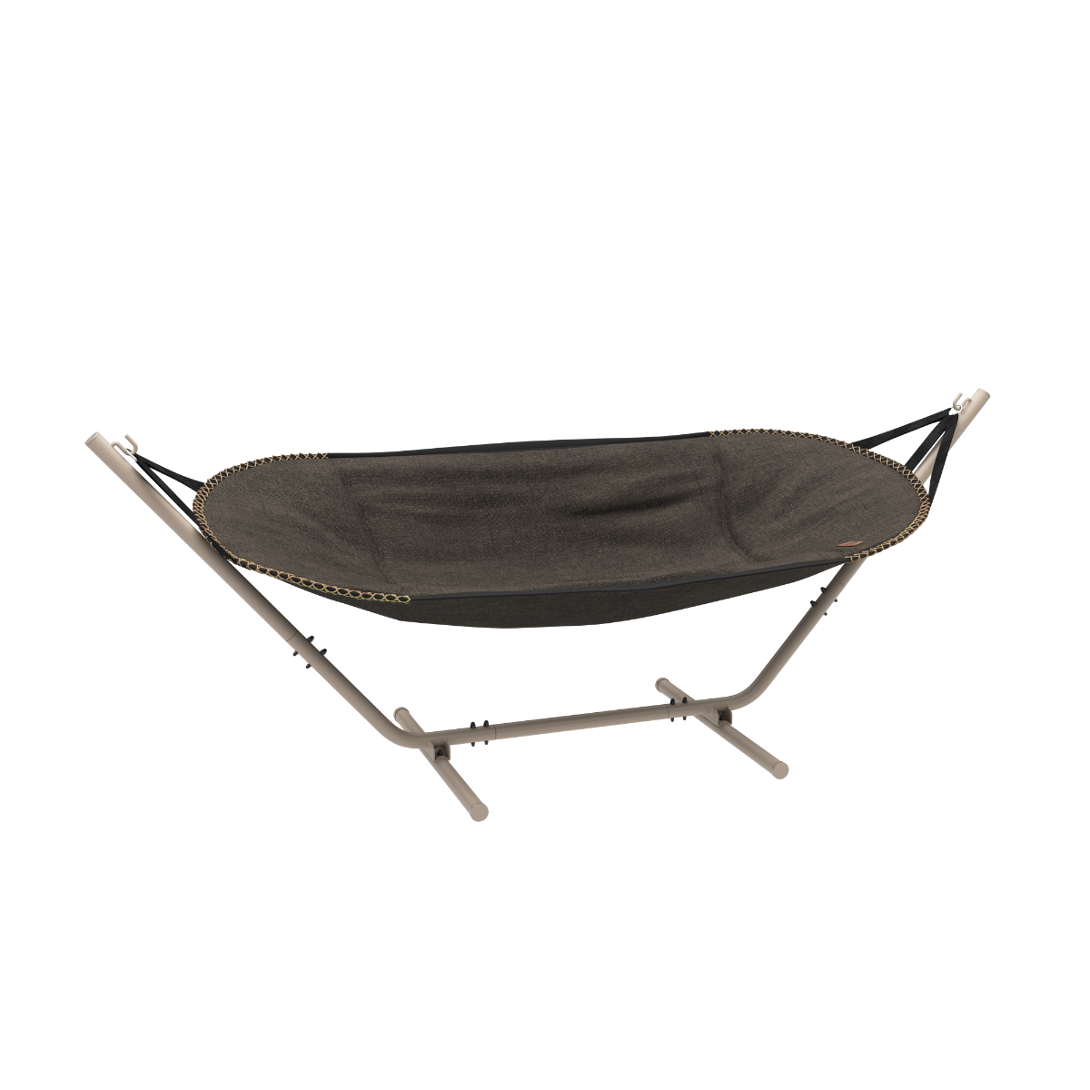 Donkere Cobana hangmat op een stevig metalen frame van sackit voor comfortabel ontspannen in de tuin of op het terras