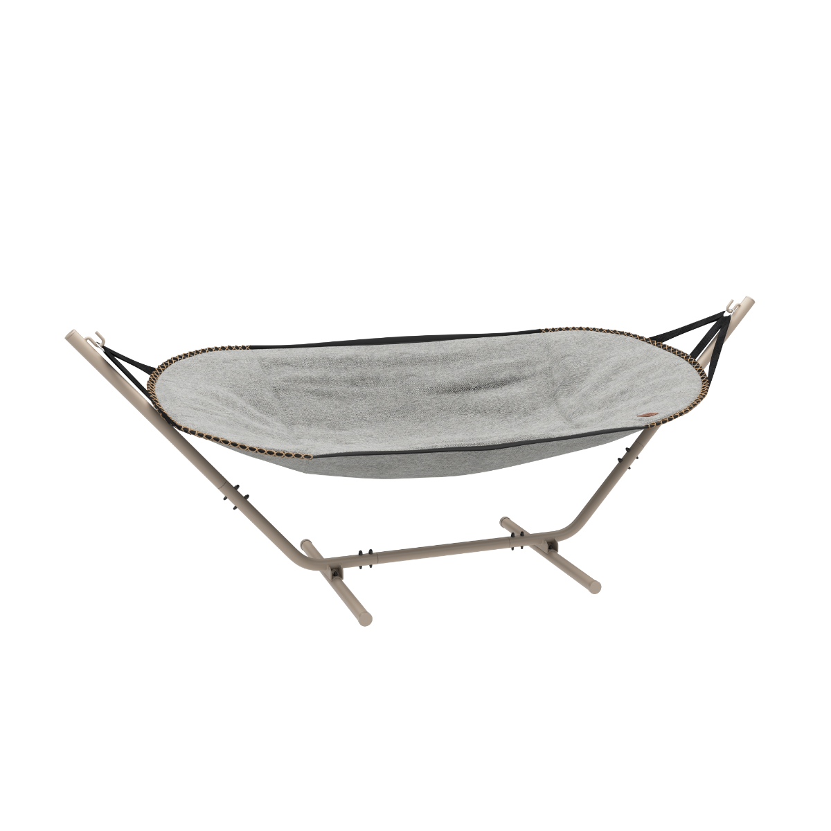 Grijze Cobana hangmat van sackit op een vrijstaand metalen frame voor comfortabel ontspannen in de tuin of op het terras