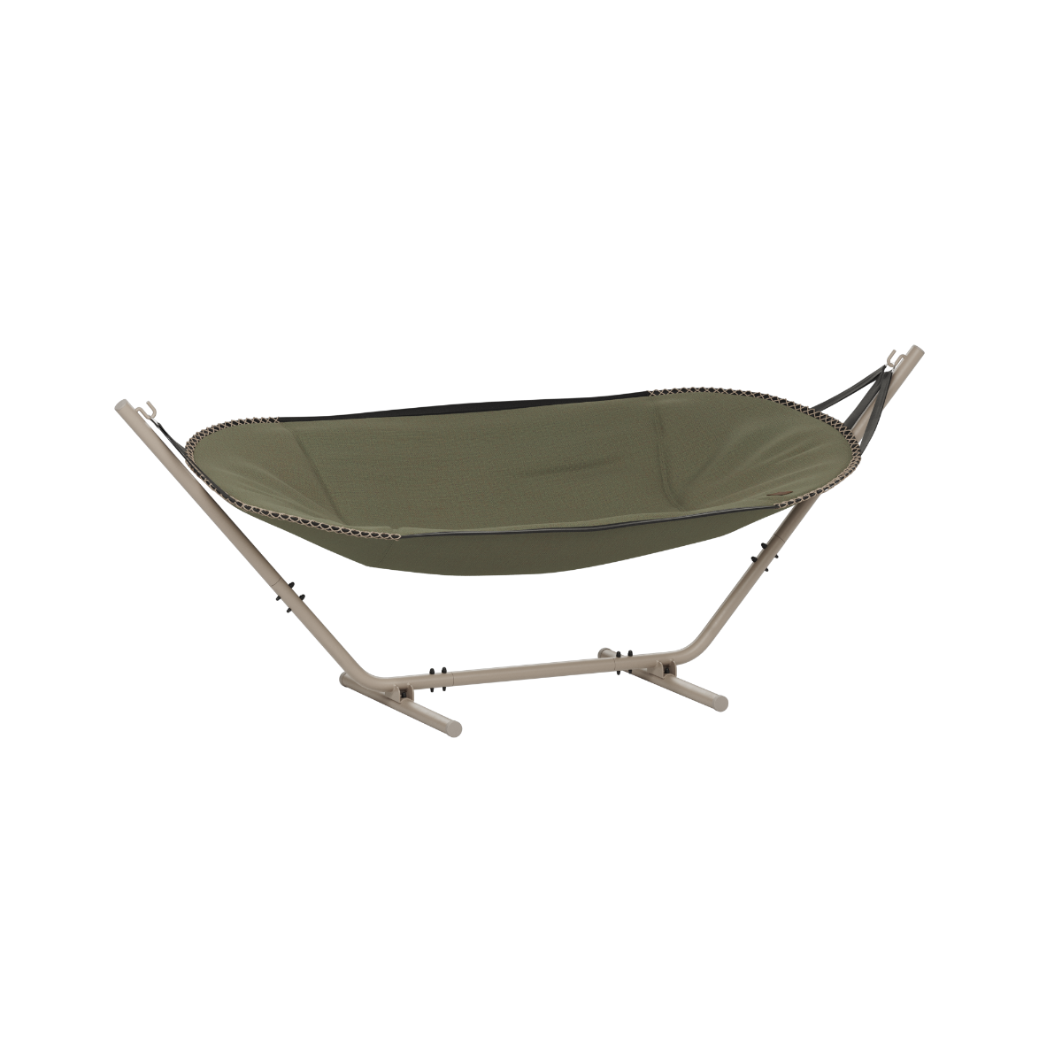 Olijfgroene Cobana hangmat van sackit op een stevig metalen standaard voor comfortabel ontspannen in de tuin of op het terras