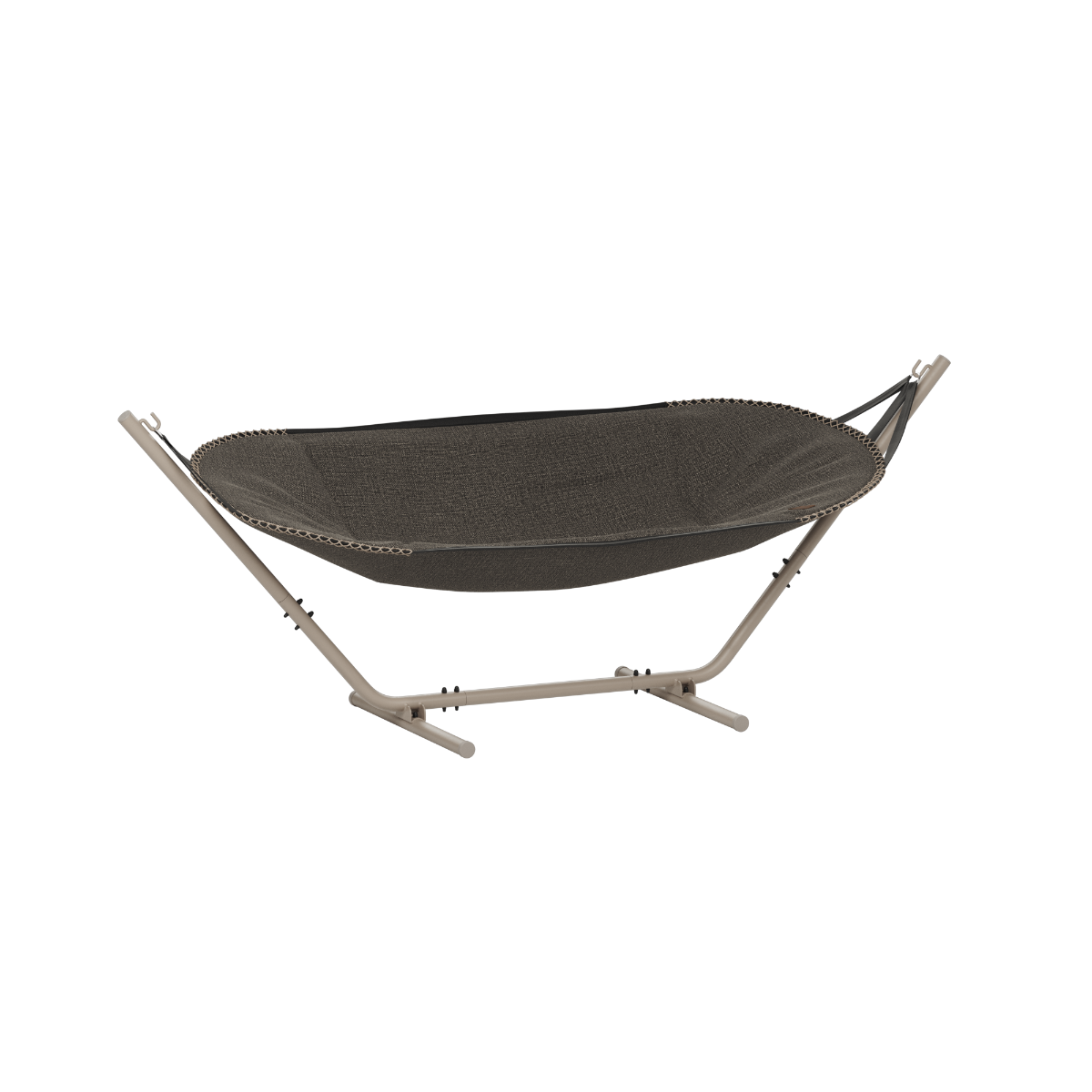 Donkergrijze Cobana hangmat van sackit Nederland op een metalen standaard voor comfortabel ontspannen in de tuin of op het terras