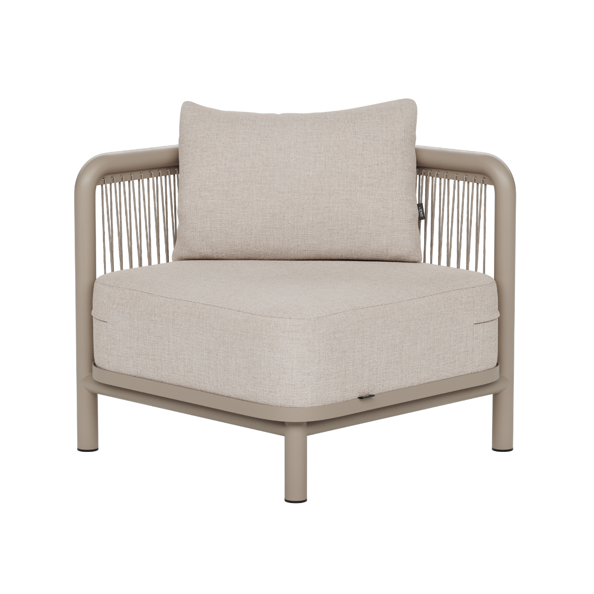 Beige Kirra lounge hoekmodule van sackit met zacht zitkussen en gevlochten zijkanten voor stijlvol buiten loungen in Scandinavisch design