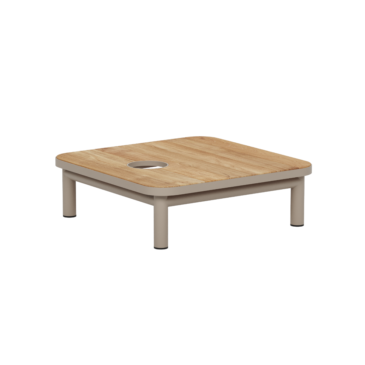 Vierkante outdoor salontafel van gepoedercoat aluminium met een elegant teakhouten tafelblad en ronde opening in het blad