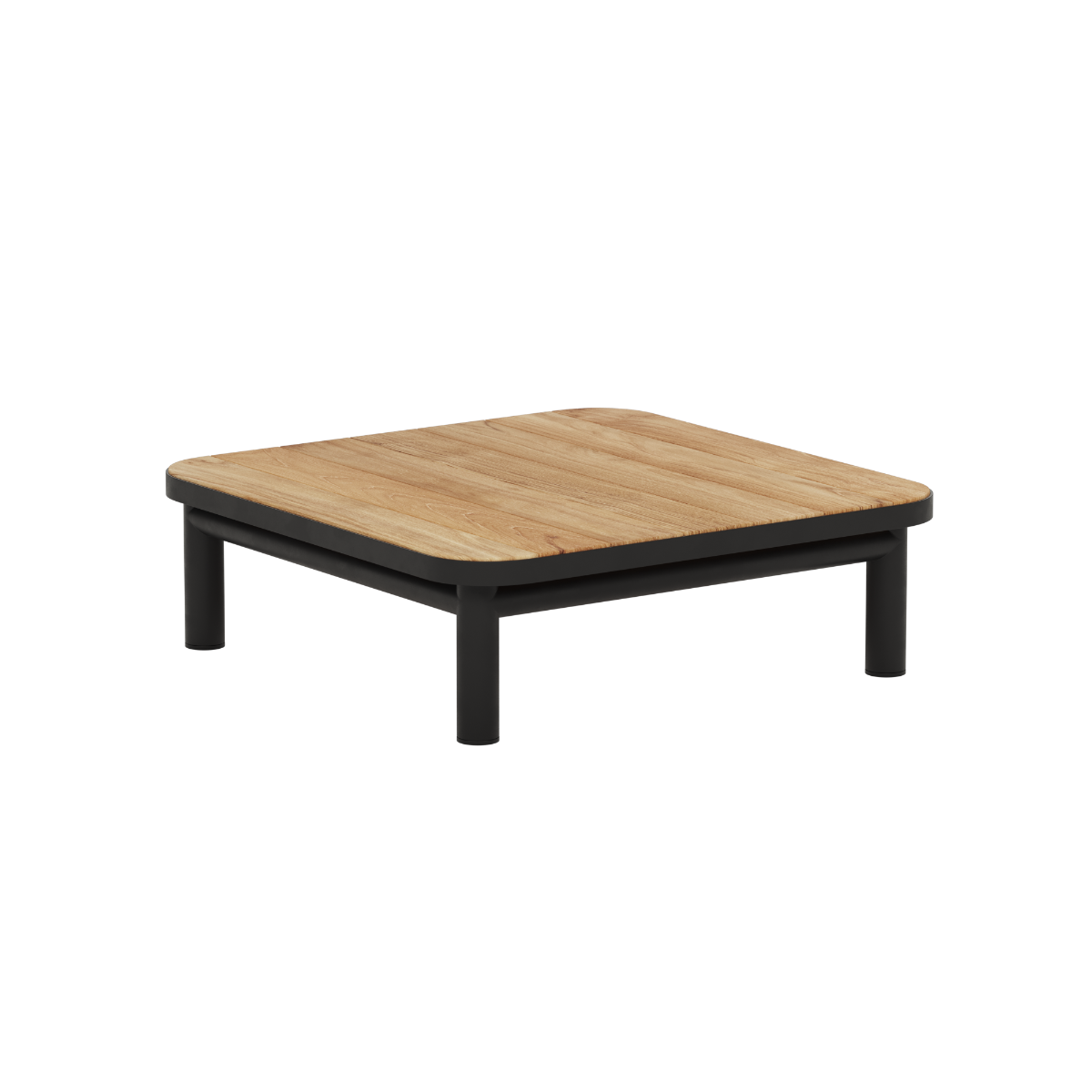 Lage Kirra outdoor salontafel van zwart gepoedercoat aluminium met een elegant tafelblad van teakhout van sackit voor een stijlvolle loungeset buiten