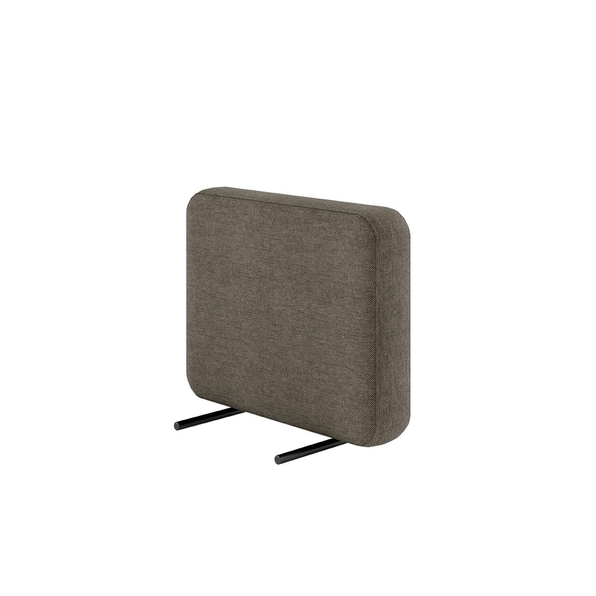 Losse armleuning voor een modulaire outdoor sofa van sackit, uitgevoerd in bruine weerbestendige bekleding met zwarte metalen steunen en afgeronde hoeken