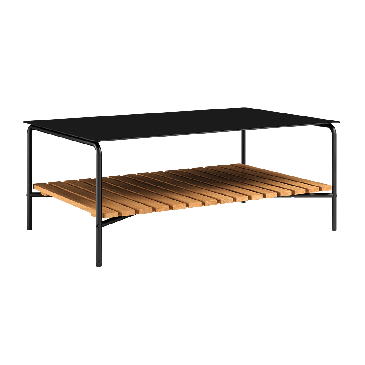 Zwarte aluminium salontafel voor buiten met een teakhouten lattenplank onder het tafelblad en een strak modern ontwerp van sackit