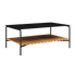 Zwarte aluminium salontafel voor buiten met een teakhouten lattenplank onder het tafelblad en een strak modern ontwerp van sackit
