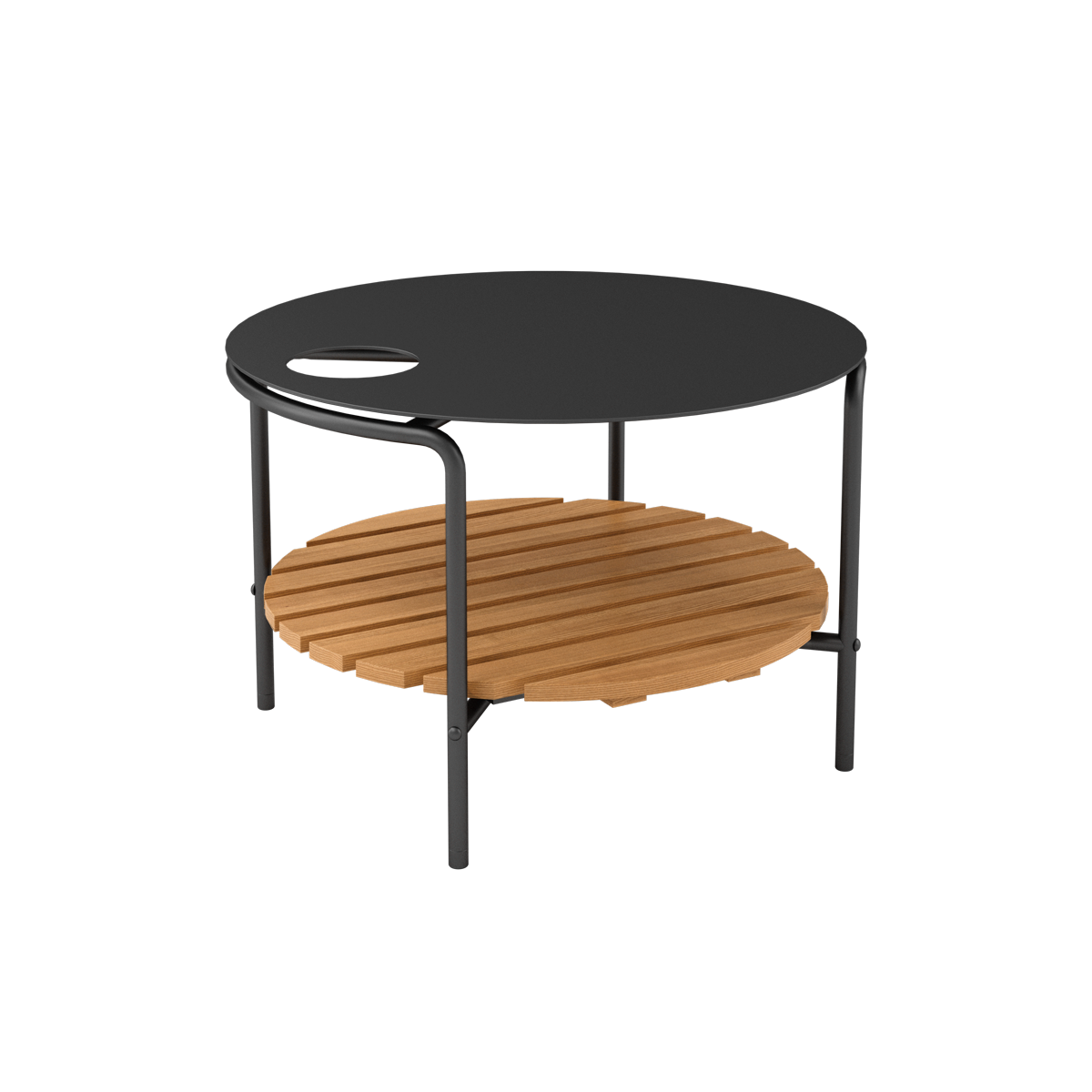 Ronde zwarte buitentafel met een teakhouten plank onder het tafelblad voor extra opbergruimte een tijdloos ontwerp van sackit voor loungeset en terras