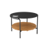 Ronde zwarte buitentafel met een teakhouten plank onder het tafelblad voor extra opbergruimte een tijdloos ontwerp van sackit voor loungeset en terras